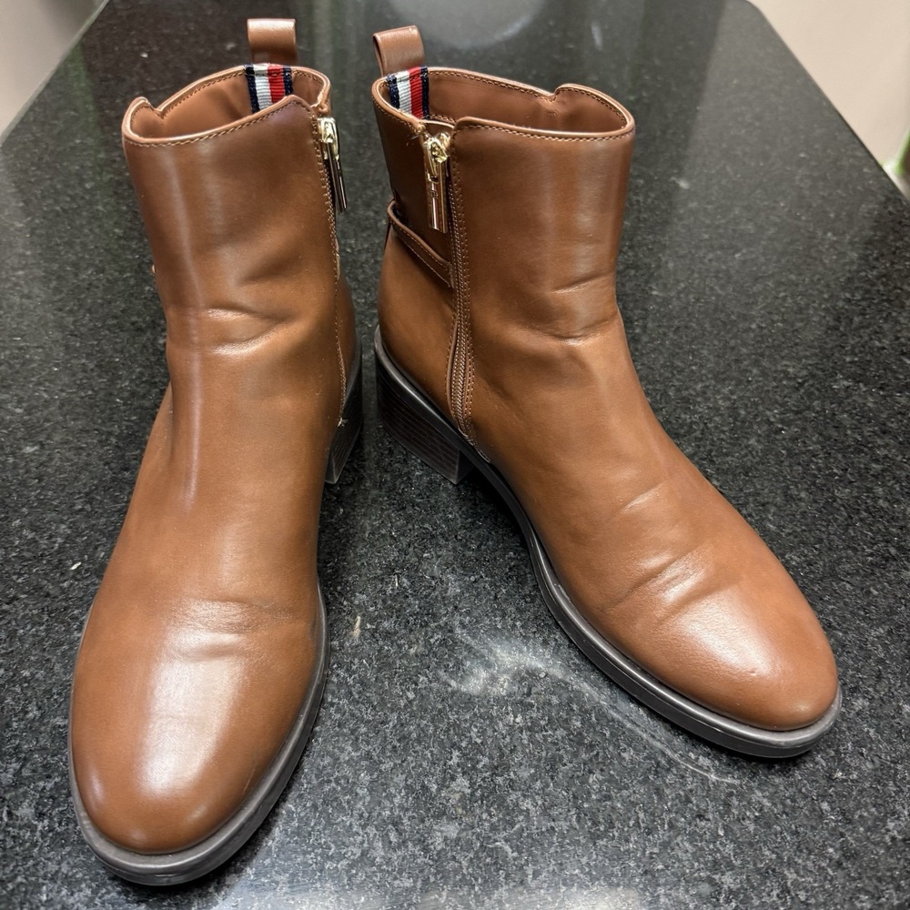 Tommy Hilfiger Womens Size 8 Brown Ankle Boots Gold Hardware Zip Booties IMIERA